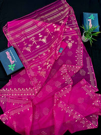 Magenta jamdani saree with golden jori work all over work and blouse piece