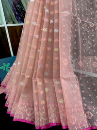 Peach colour halfsilk jamdani saree with golden silver jori work and self threads work