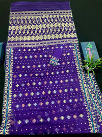 Violate purple jamdani saree all over golden silver and copper jori work.
