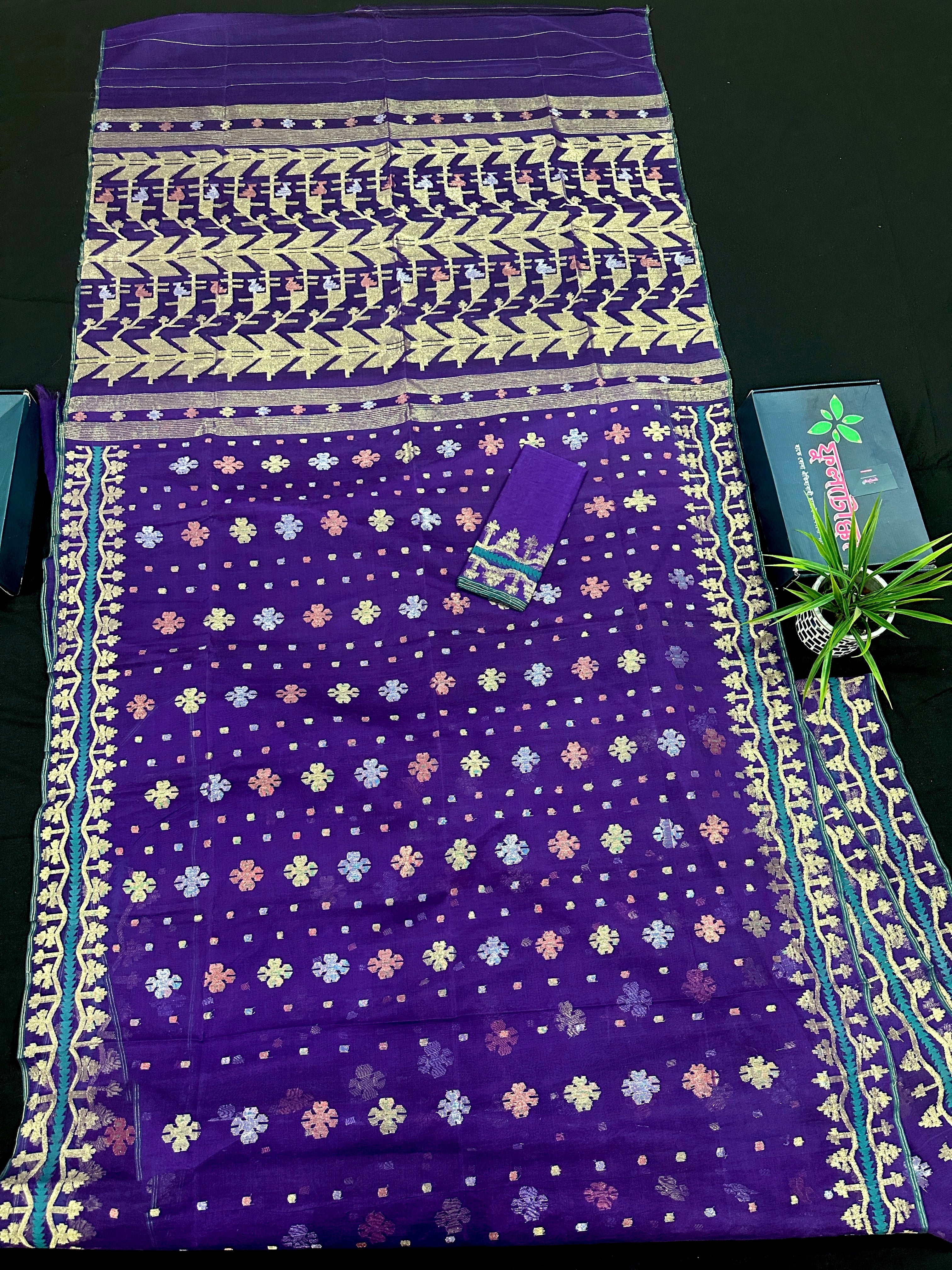 Violate purple jamdani saree all over golden silver and copper jori work.