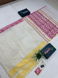 White cotton gonga jamuna design jamdani saree with pink & yellow threads work.