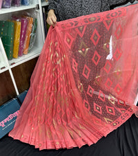 Georgia peach halfsilk jamdani saree with self threads work and golden jori work