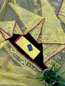 Pastel yellow dhakai jamdani saree with yellow threads silver & copper jori work all over work soft count.
