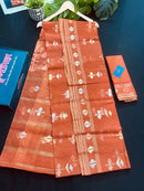Brick orange halfsilk handloom original dhakai Jamdani saree with golden silver & copper jori work