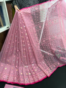 Pink colour handloom halfsilk original dhakai jamdani saree with golde jori work & self threads work