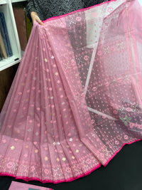 Pink colour handloom halfsilk original dhakai jamdani saree with golde jori work & self threads work