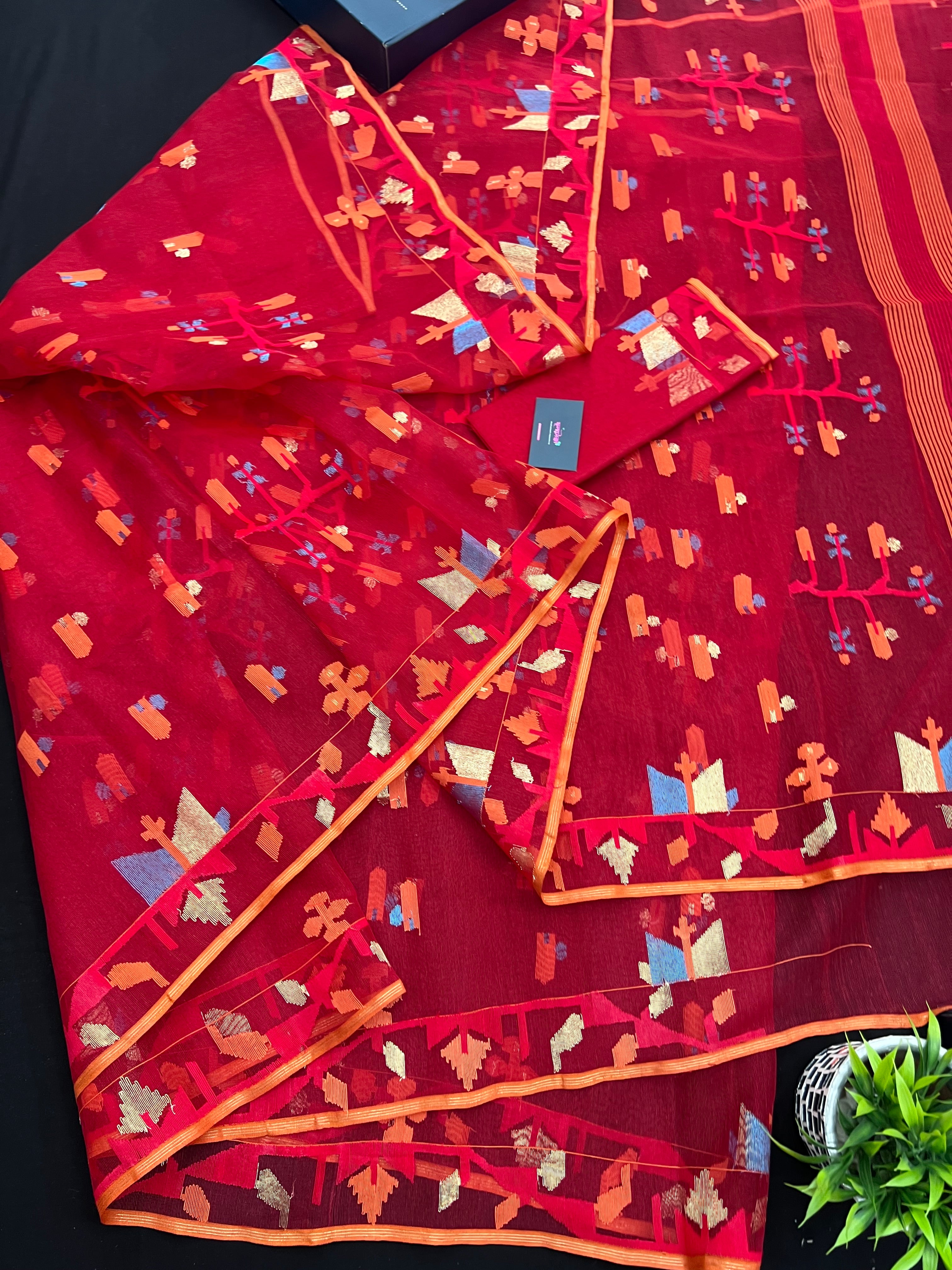 Cherry Red Original Handloom Halfsilk Dhakai Jamdani Saree