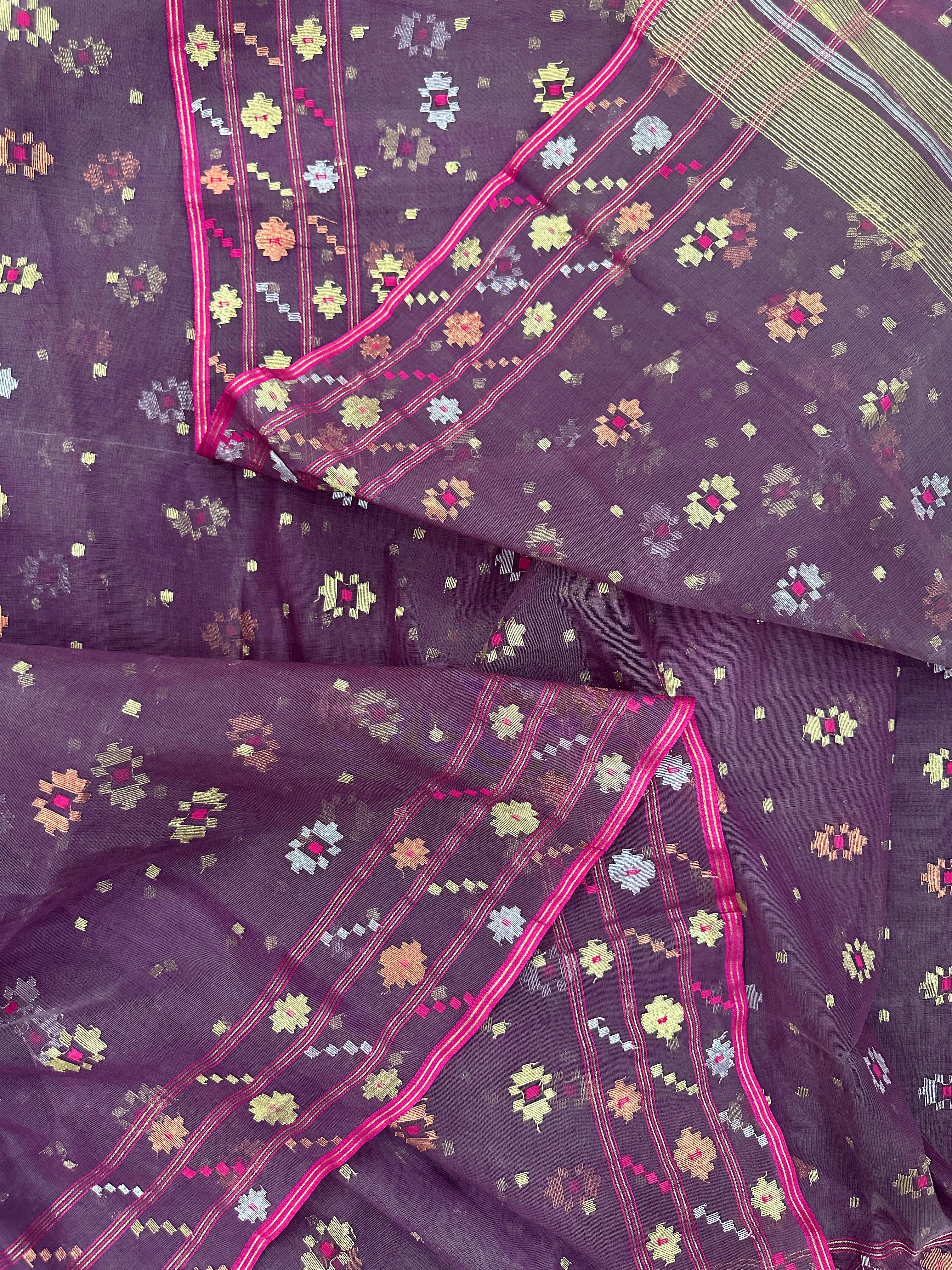 Deep bitrut dual toned jamdani saree with golden silver & copper jori work.