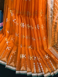 Fanta orange halfsilk jamdani saree with golden silver & copper jori work