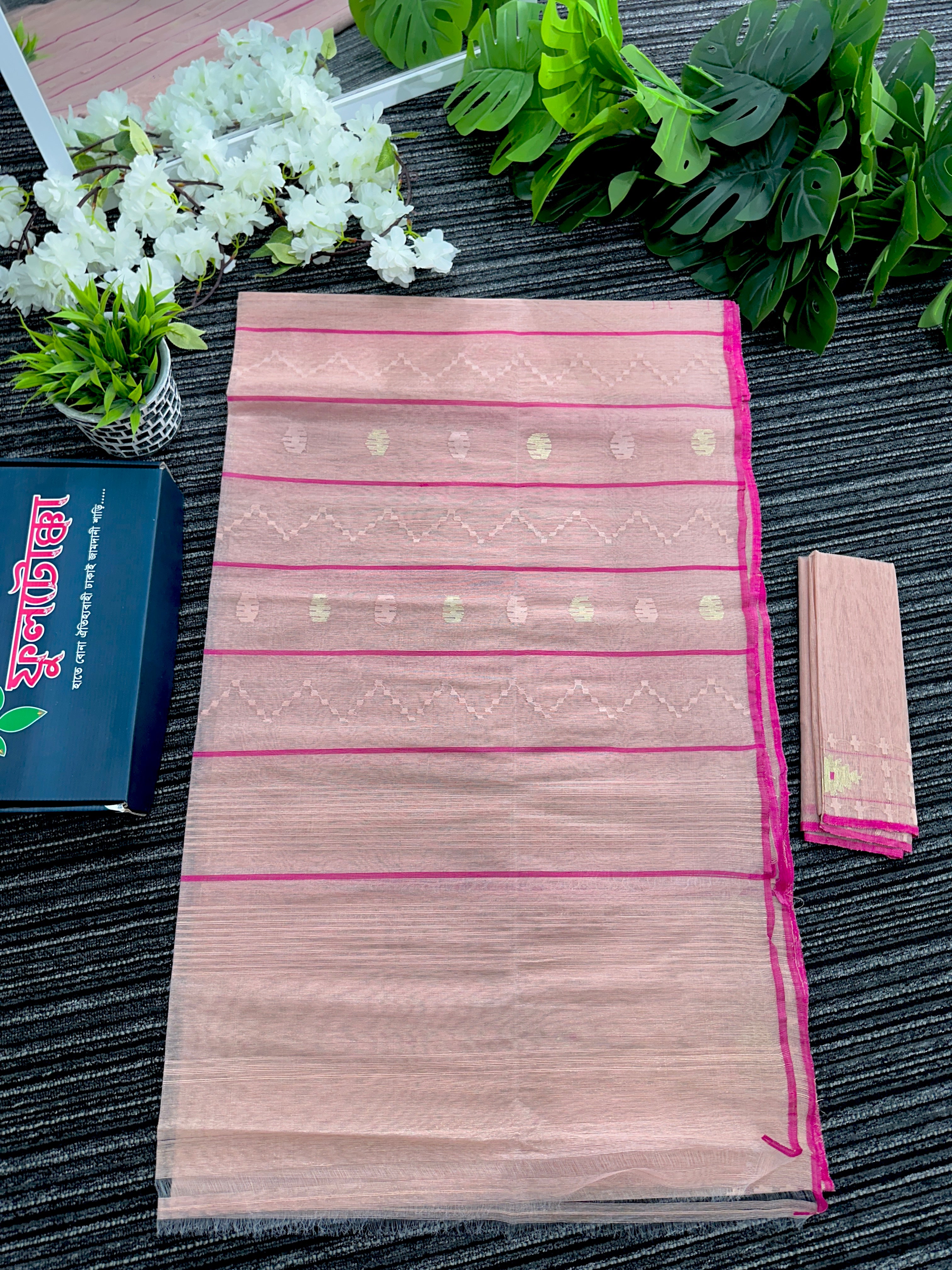 Soft pink halfsilk jamdani saree with golden jori work and pink meena work