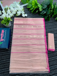 Soft pink halfsilk jamdani saree with golden jori work and pink meena work