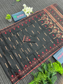 Black halfsilk jamdani saree with red paar and copper jori work