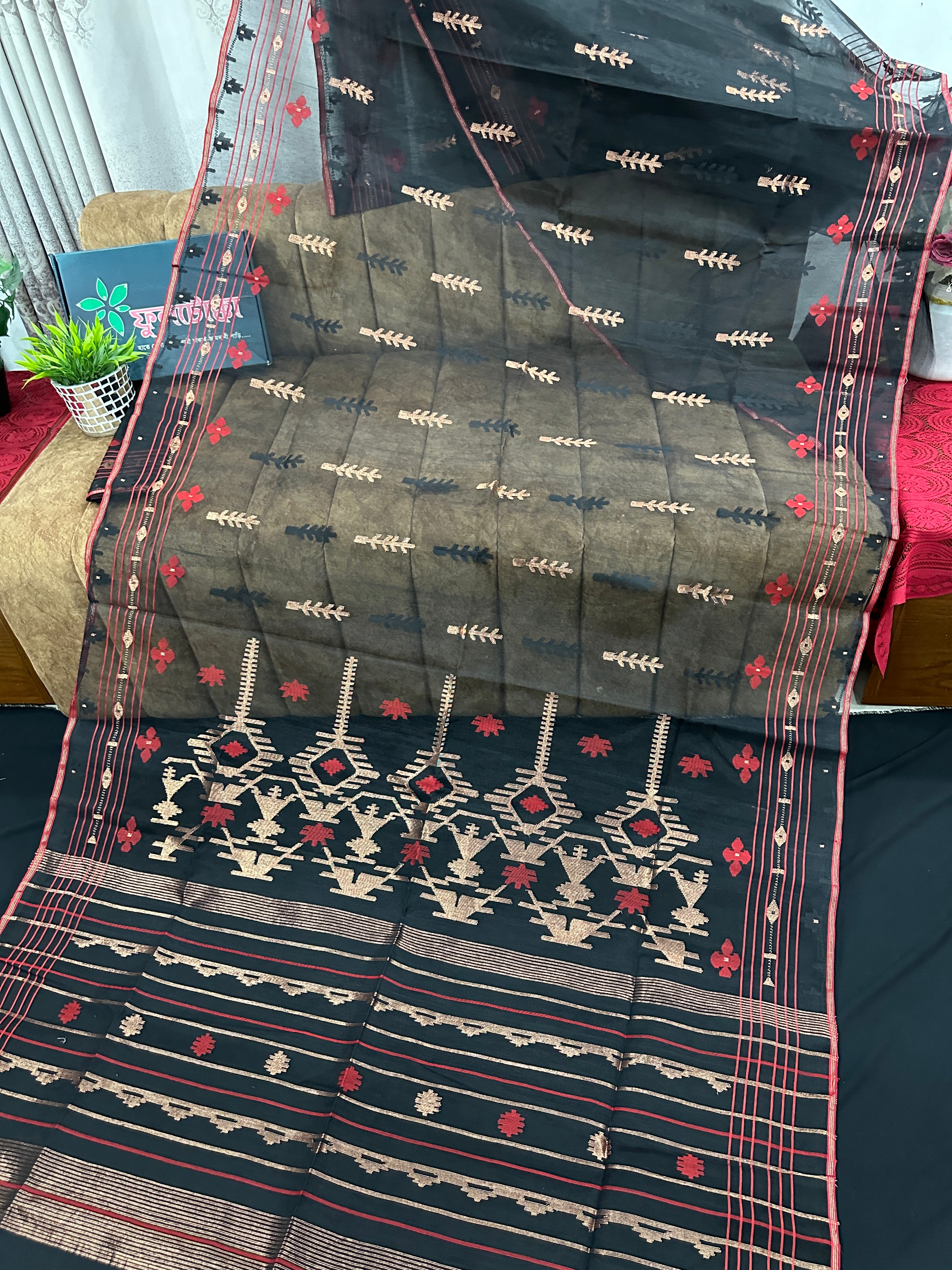 BLACK WITH RED BORDER JAMDANI