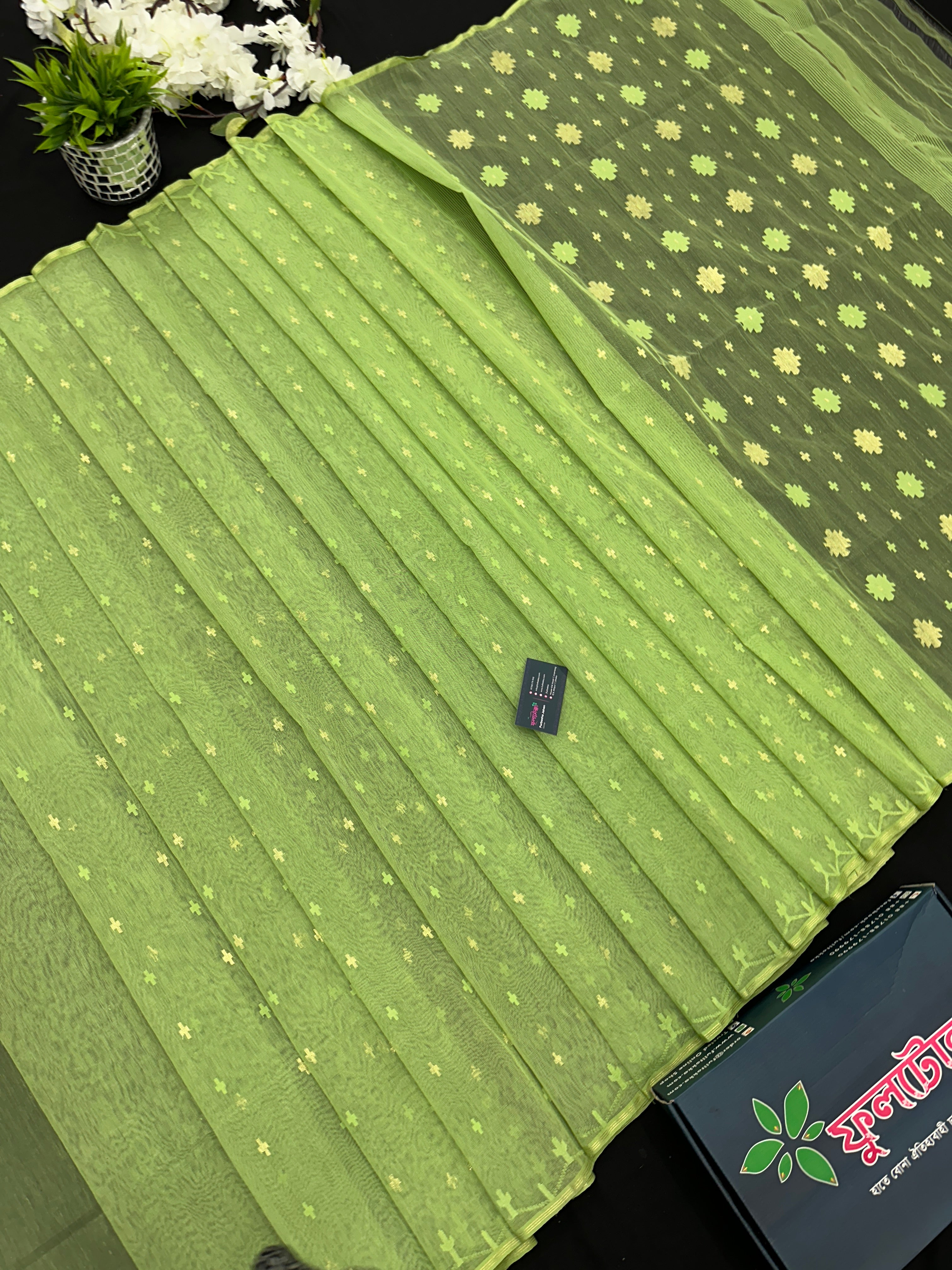 Olive Green Original Handloom Halfsilk Dhakai Jamdani Saree With Self Threads Work & Golden Jori Work