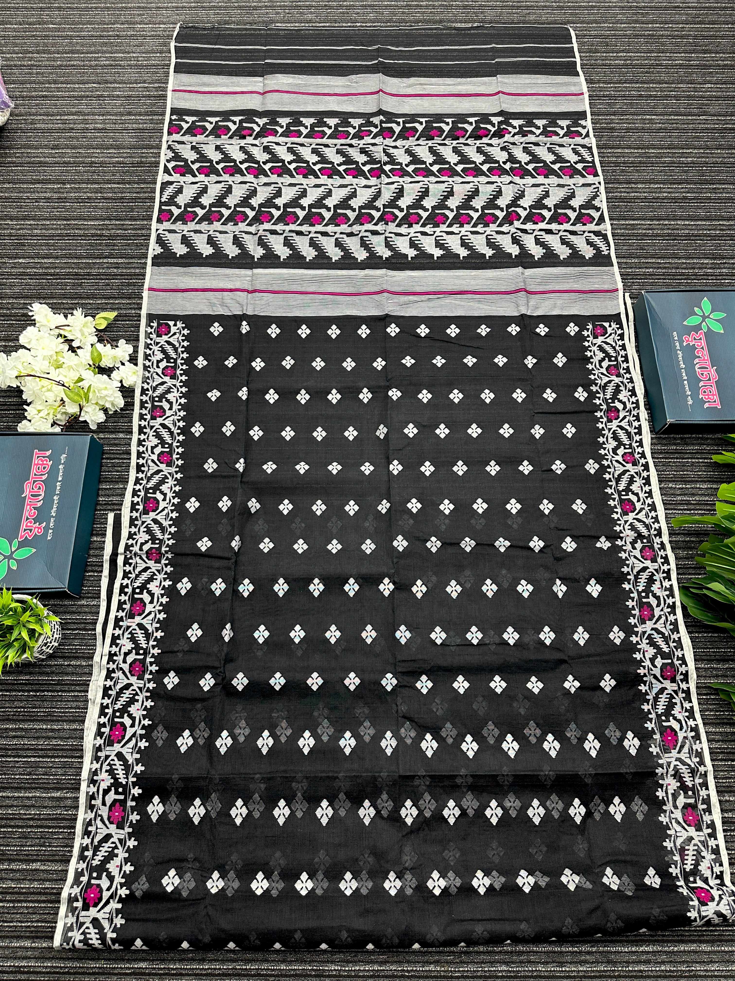 Black cotton jamdani saree with white threads and pink meena work