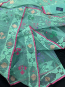 Bright Teal Blue dhakai Jamdani saree with pink border all over work soft count.