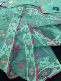 Bright Teal Blue dhakai Jamdani saree with pink border all over work soft count.