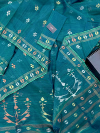 Sea green budget range jamdani saree with golden silver & copper jori work.