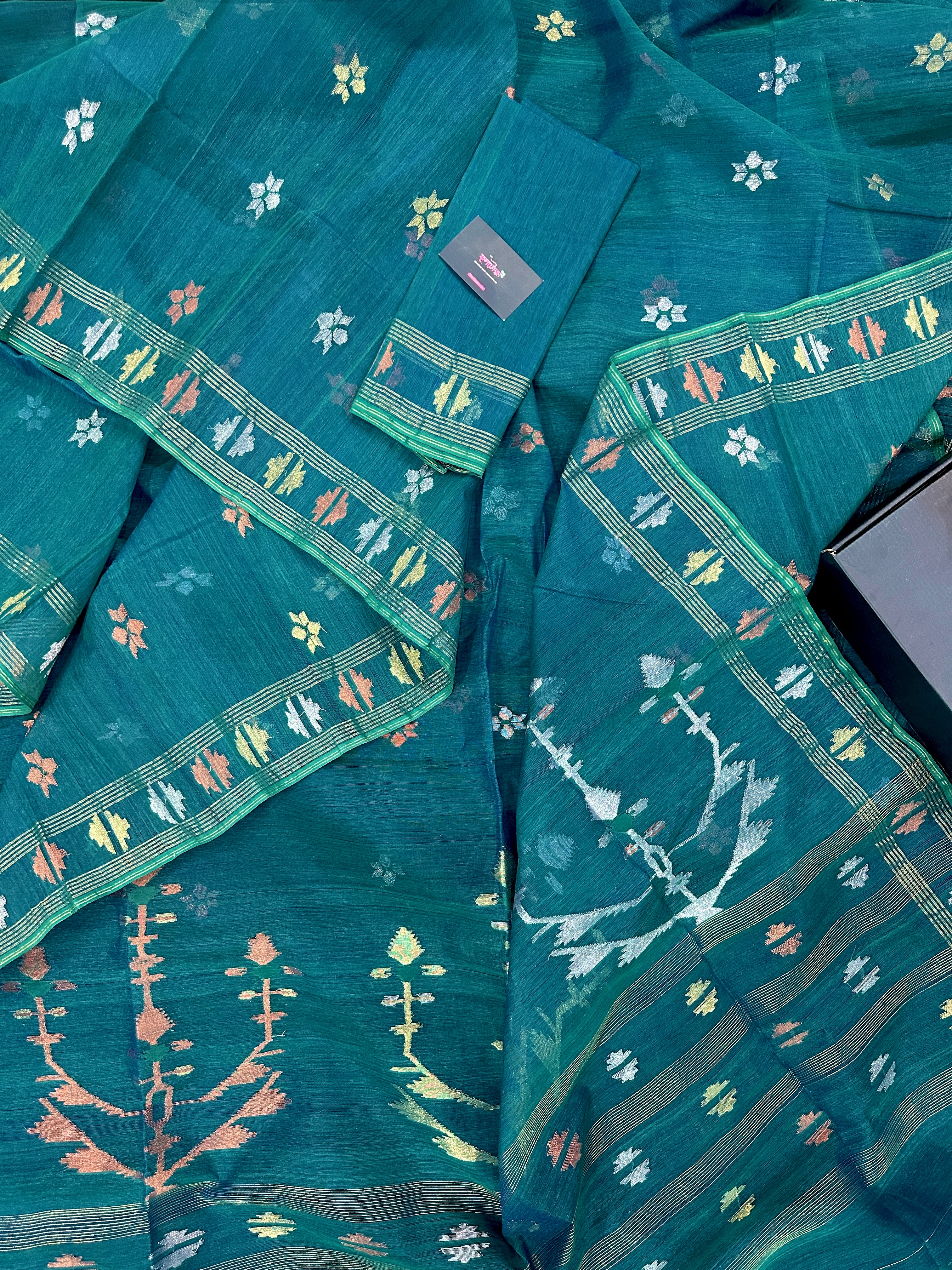 Sea green budget range jamdani saree with golden silver & copper jori work.