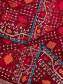 Bridal Red Halfsilk Jamdani Saree With Golden Jori Work & Red Threads work.