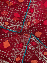 Bridal Red Halfsilk Jamdani Saree With Golden Jori Work & Red Threads work.