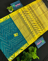 Sea green with yellow halfsilk jamdani with golden jori work and self threads work