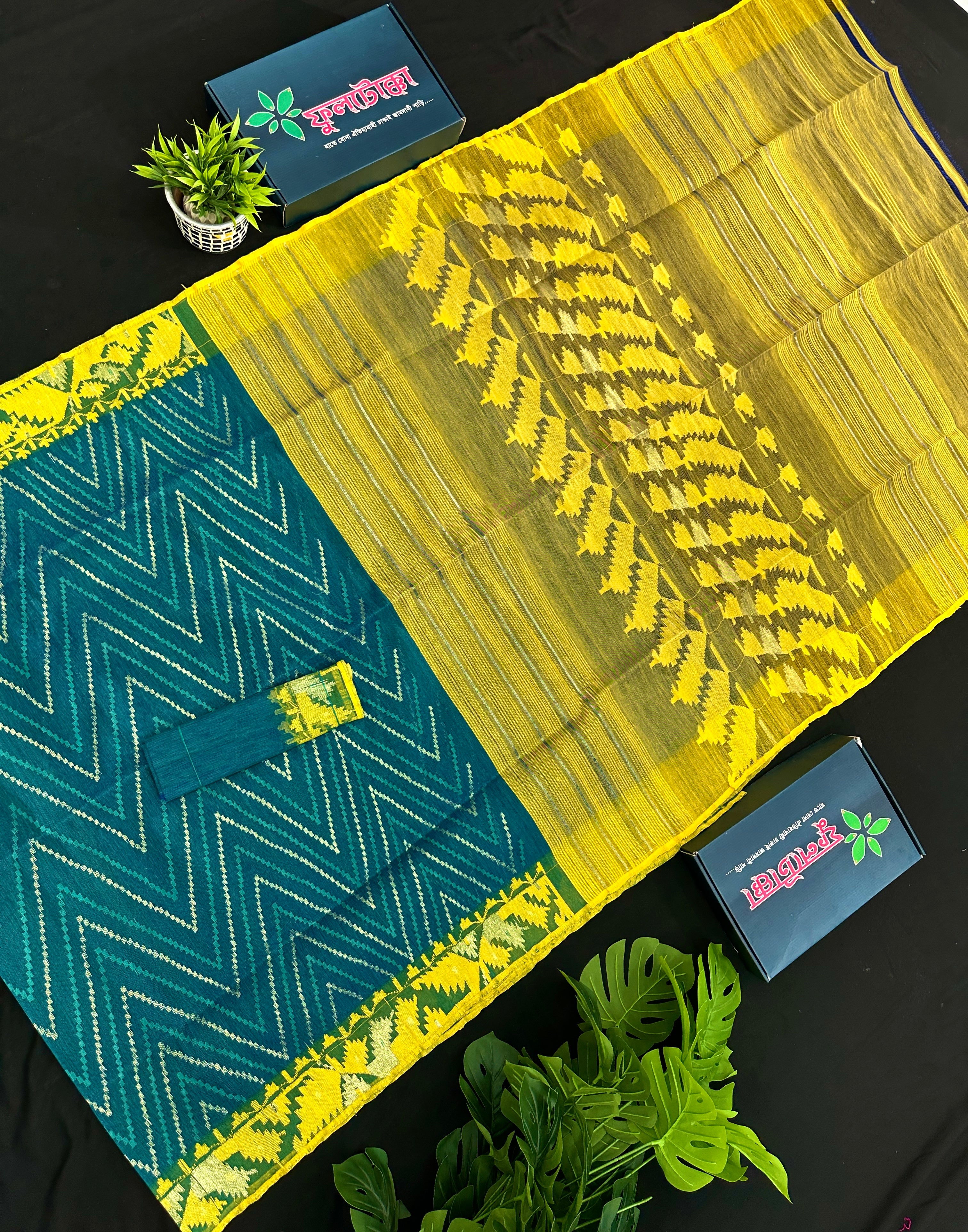 Sea green with yellow halfsilk jamdani with golden jori work and self threads work