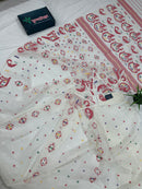 White cotton jamdani saree with multiple colour threads work and blouse piece.