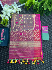 Green exclusive gonga jamuna paar halfsilk jamdani saree with golden jori work and pink meena work