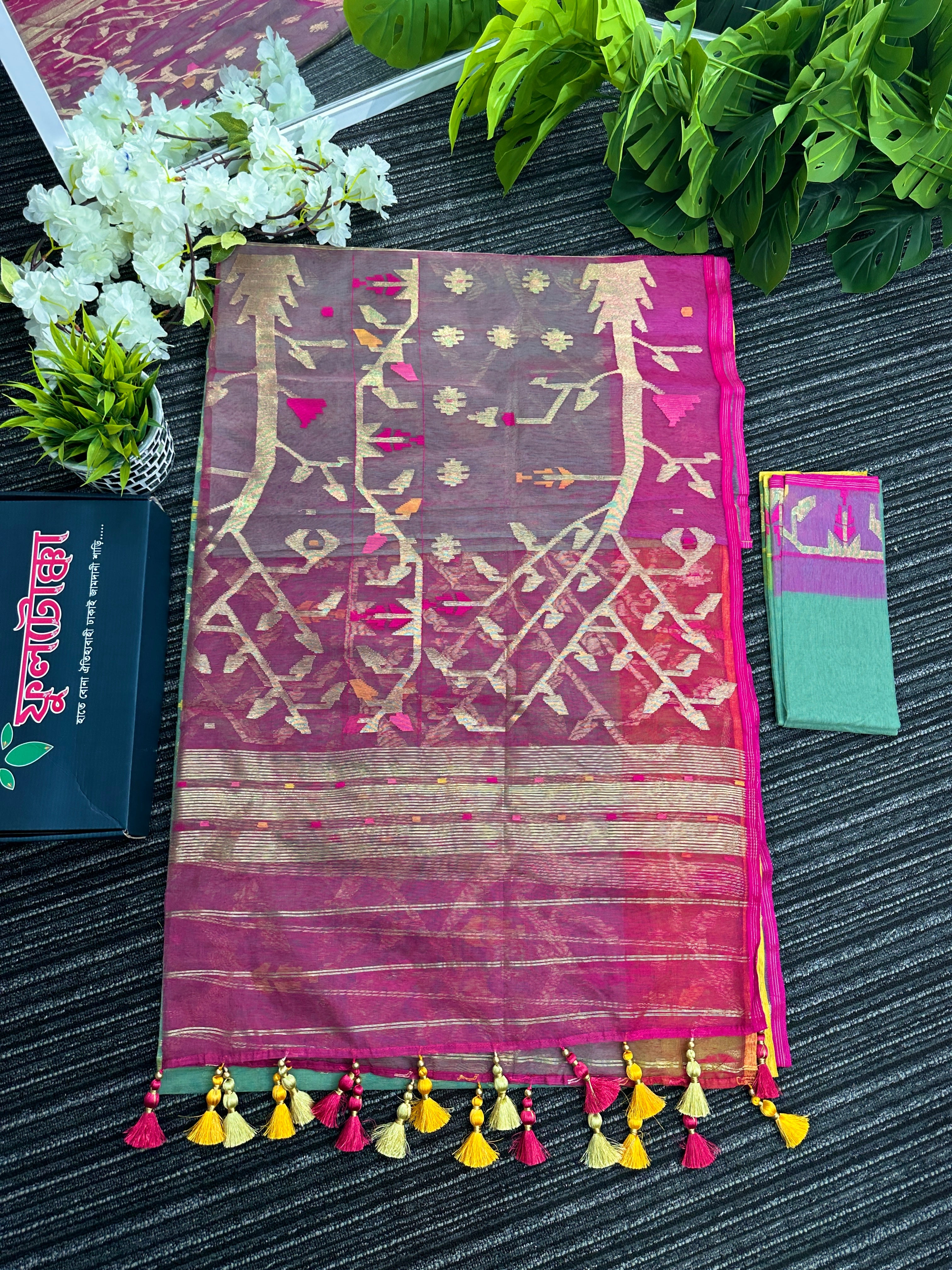 Green exclusive gonga jamuna paar halfsilk jamdani saree with golden jori work and pink meena work