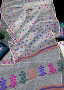 White jamdani saree with purple pink green orange threads work.