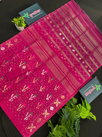Magenta halfsilk jamdani saree with golden silver & copper jori work aslo green pink threads work