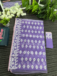 Lavendar halfsilk jamdani saree with white threads work and magenta meena work