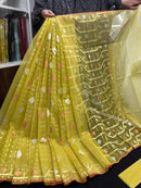 Yellowish Olive Original Handloom Halfsilk Dhakai Jamdani Saree With Golden Silver & Copper Jori Work
