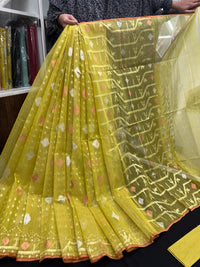 Yellowish Olive Original Handloom Halfsilk Dhakai Jamdani Saree With Golden Silver & Copper Jori Work