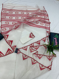 White Jamdani Saree With Red Paar.