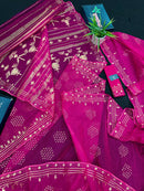 Magenta jamdani saree with golden jori work all over work and blouse piece