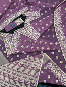 Onion cotton jamdani saree with yellowish threads work all over work.