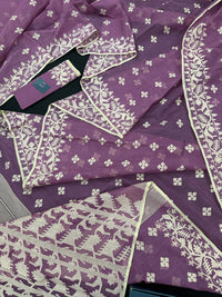 Onion cotton jamdani saree with yellowish threads work all over work.