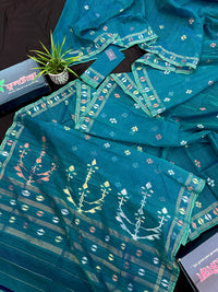 Sea green budget range jamdani saree with golden silver & copper jori work.