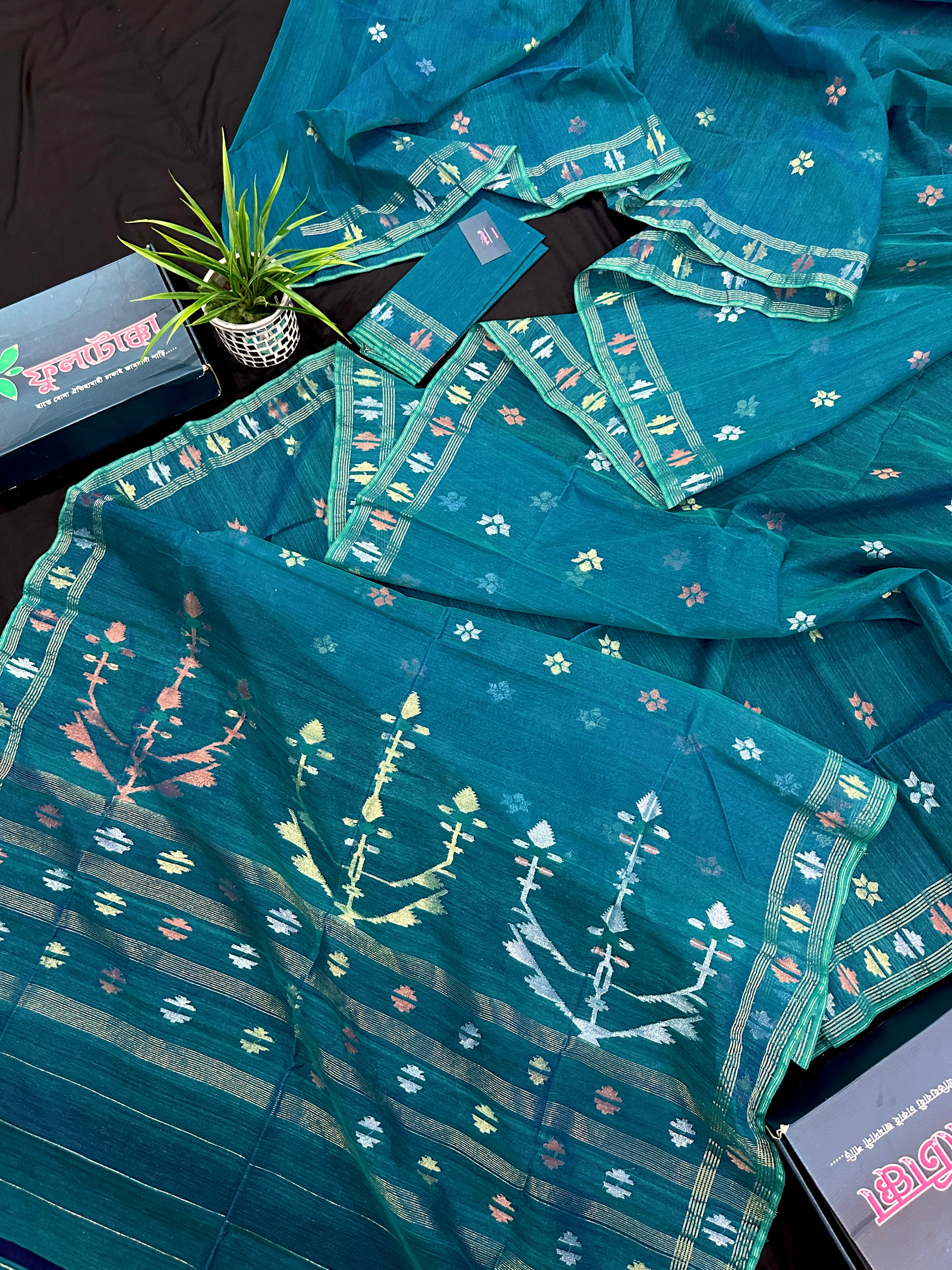 Sea green budget range jamdani saree with golden silver & copper jori work.