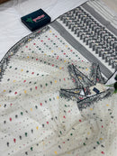 White cotton jamdani saree with black red yellow green threads work & blouse piece.