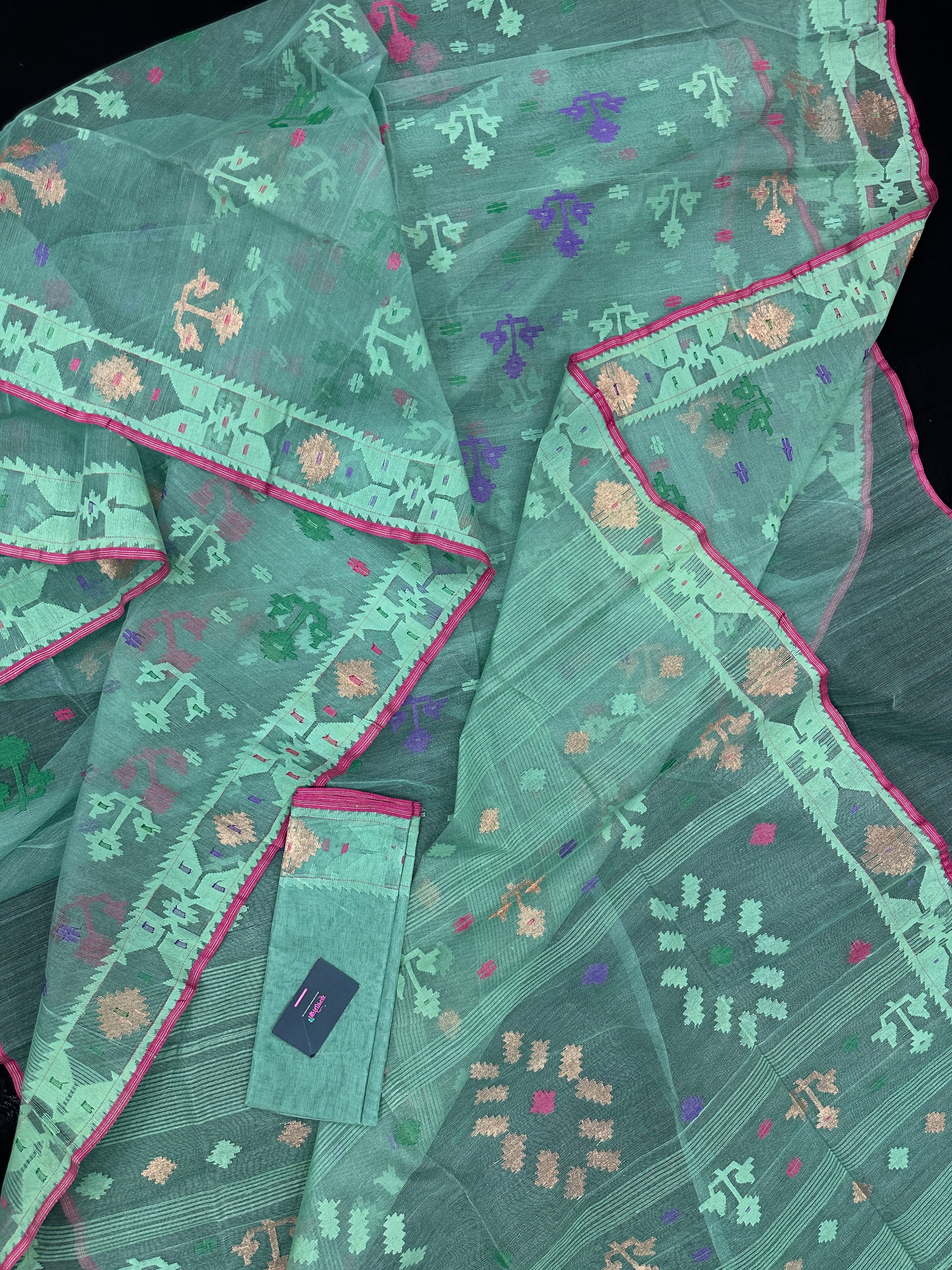 Bright Teal Blue dhakai Jamdani saree with pink border all over work soft count.