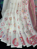 Pure white cotton jamdani saree with red blue green yellow multiple threads work