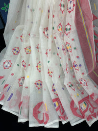 Pure white cotton jamdani saree with red blue green yellow multiple threads work