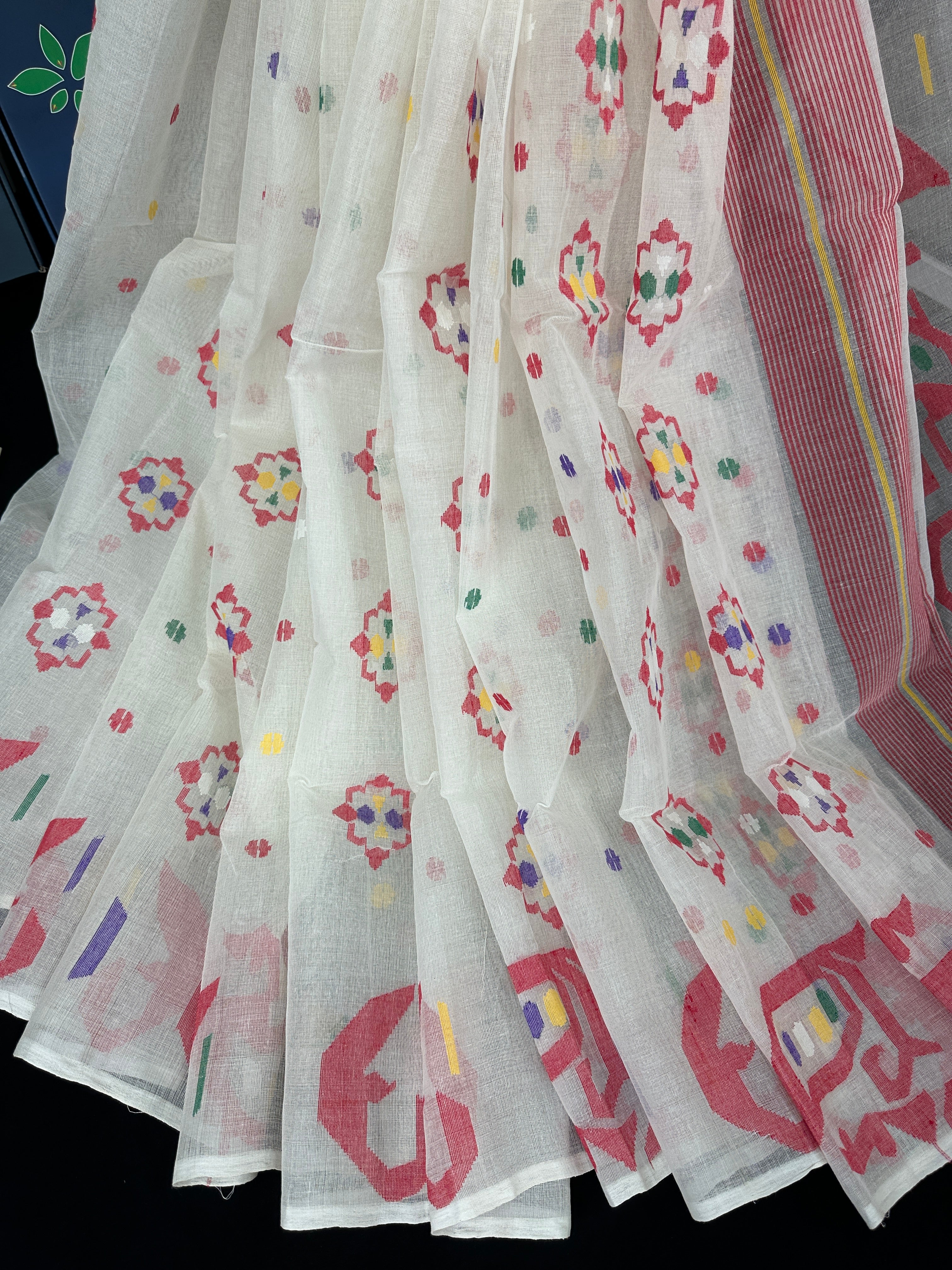 Pure white cotton jamdani saree with red blue green yellow multiple threads work