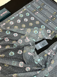 Ash jamdani saree with pink blue and with threads work and golden jori work.