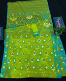 Parrot green jamdani saree with multi colour work with blue Paar.