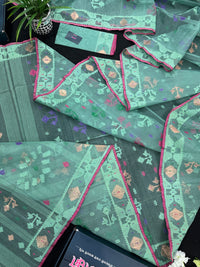 Bright Teal Blue dhakai Jamdani saree with pink border all over work soft count.