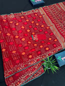 Bridal Red Halfsilk Jamdani Saree With Golden Jori Work & Red Threads work.
